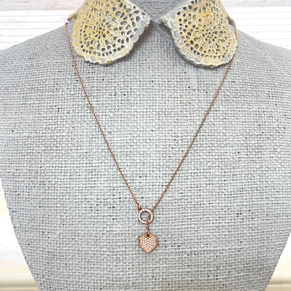 Betsey Johnson Necklace Rose Gold Crystal Heart Lariat